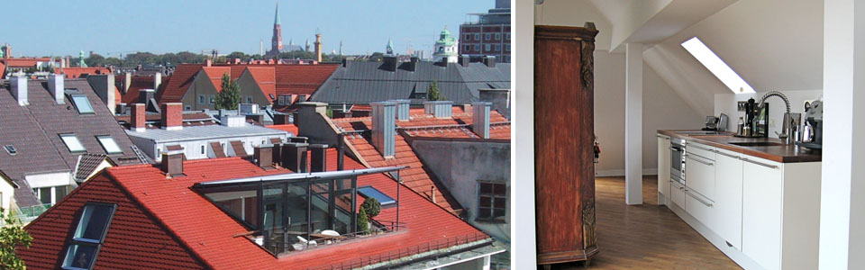 a0205 – Dachausbau Buttermelcherstraße in München: Außenansicht von Südwesten / Kochzeile Außenansicht von Südwesten / Kochzeile – Dachausbau Buttermelcherstraße in München
