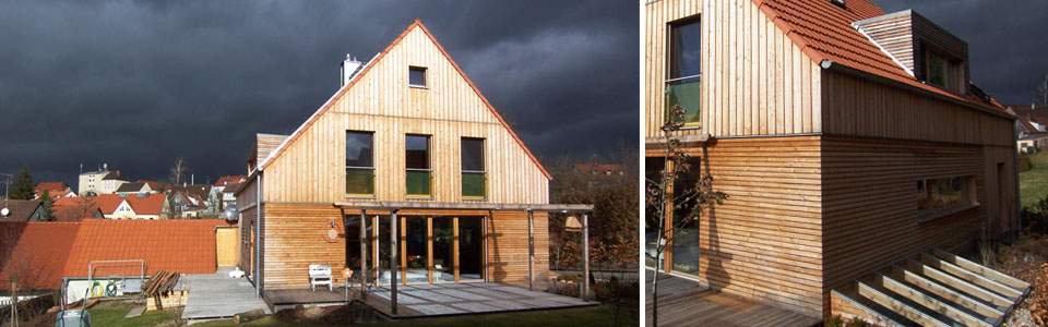 Ansicht Süd / Ostfassade mit Lichthofüberdachung – Neubau Holzhaus in Altomünster