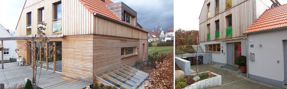Ansicht von Südosten / Eingangsbereich auf der Nordseite – Neubau Holzhaus in Altomünster