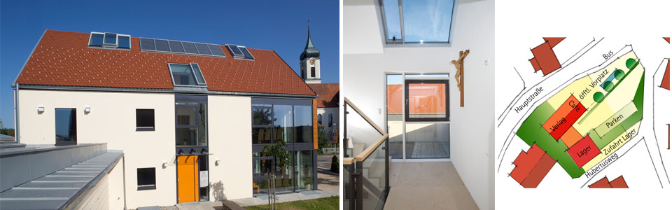 a0515 – Neubau Verlagsgebäude in Kisslegg-Immenried: Ansicht Ost / Treppenhaus / Lageplan Ansicht Ost / Treppenhaus / Lageplan – Neubau Verlagsgebäude in Kisslegg-Immenried