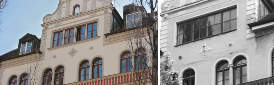 a0912 – Sanierung denkmalgeschütztes Mehrfamilienhaus in München-Sendling: Detail oberer Fassadenbereich nachher - vorher Detail oberer Fassadenbereich nachher - vorher – Sanierung denkmalgeschütztes Mehrfamilienhaus in München-Sendling