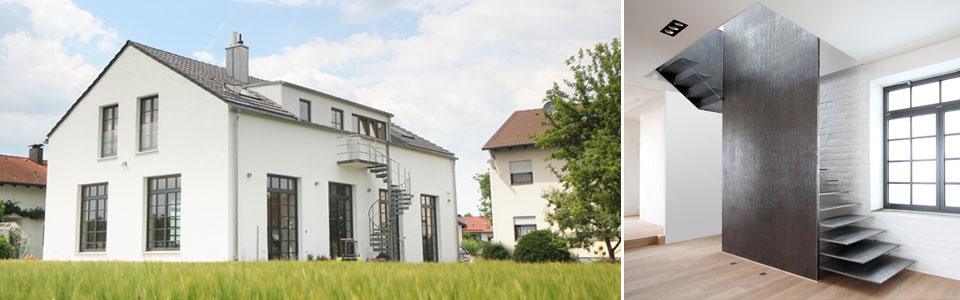 Ansicht von Süden / neue Stahltreppe – Umnutzung Autowerkstatt zu Loft-Wohnung in Parsdorf