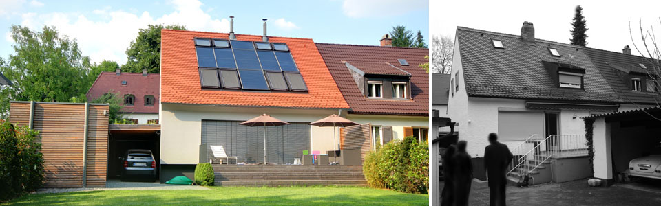 Ansicht Süd nachher - vorher – Umbau und energetische Sanierung Doppelhaushälfte in München-Freimann