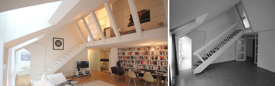 Wohn- und Schlafbereich mit Galerie nachher - vorher – Sanierung Dachgeschosswohnung in München-Schwabing