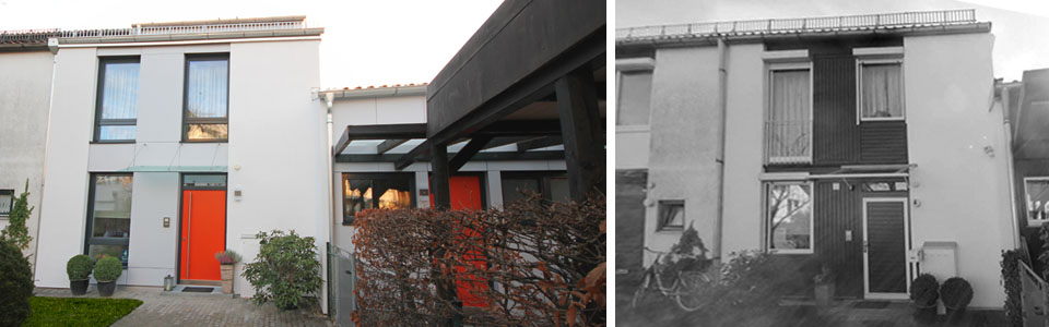 a1406 – Sanierung Reihenendhaus in München-Denning: Straßenansicht nachher - vorher Straßenansicht nachher - vorher – Sanierung Reihenendhaus in München-Denning