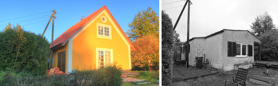 Ansicht West nachher / vorher – Aufstockung und Sanierung Ferienhaus in Seestall