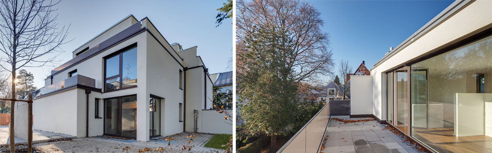 a1711 – Neubau Doppelhaus in München-Solln: Ansicht von Nordost / Dachterrasse Ansicht von Nordost / Dachterrasse – Neubau Doppelhaus in München-Solln