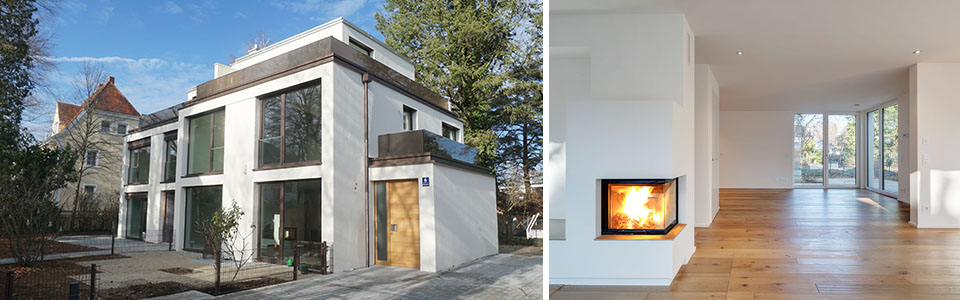 Ansicht von Südost / Innenansicht – Neubau Doppelhaus in München-Solln