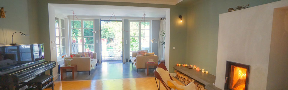 neuer Wohnraum mit Blick in den Garten – Umbau und Sanierung historische Doppelhaushälfte in München-Harlaching