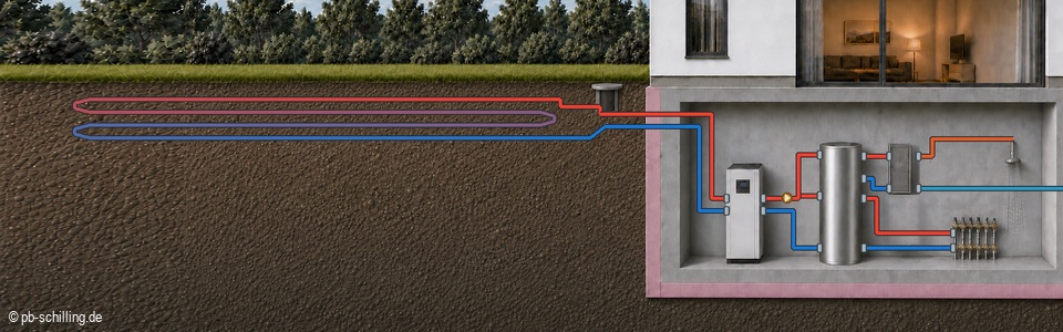 Schematische Darstellung einer Sole-Wasser-Wärmepumpe mit horizontalem Erdkollektor