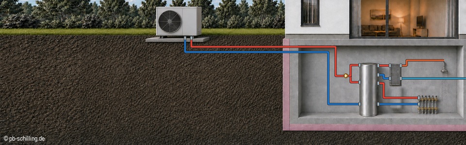 Schematische Darstellung einer Luft-Wasser-Wärmepumpe mit Monoblock und Heizraum